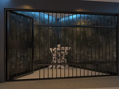Iron Bars Secure Enclosed Room Featuring Open Door And Central Chair 3d model