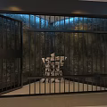 Iron Bars Secure Enclosed Room Featuring Open Door And Central Chair 3d model