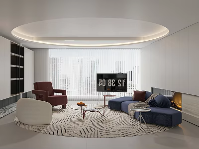 Modern Living Room Interior With Circular Ceiling Light Large Windows Blue Sofa And Fireplace 3d model