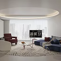 Modern Living Room Interior With Circular Ceiling Light Large Windows Blue Sofa And Fireplace