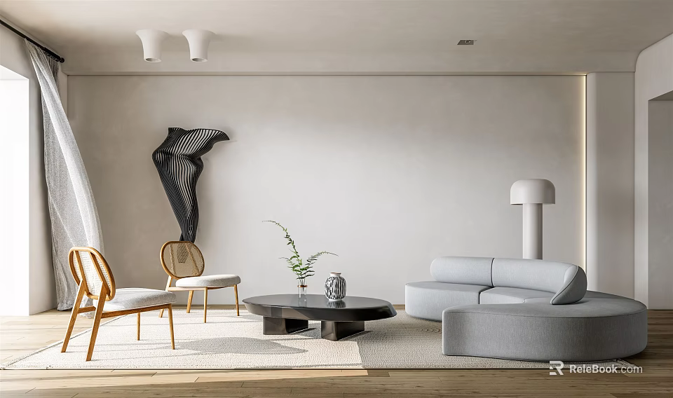 Modern Living Room Interior With Gray Sofa Wooden Chairs Black Coffee Table And Green Plant 3d model 