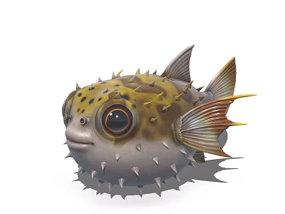 Adorable Spiky Puffer Fish With Large Eyes Yellow Gray Body And Fins 3d model