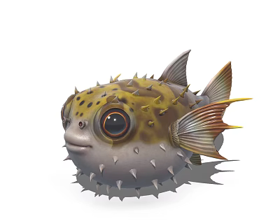 Adorable Spiky Puffer Fish With Large Eyes Yellow Gray Body And Fins 3d model