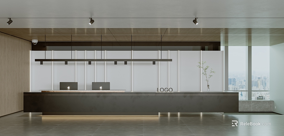 Modern Front Desk Reception Interior With Logo Display Hanging Lights Potted Plant And Minimalist Counter 3d model 