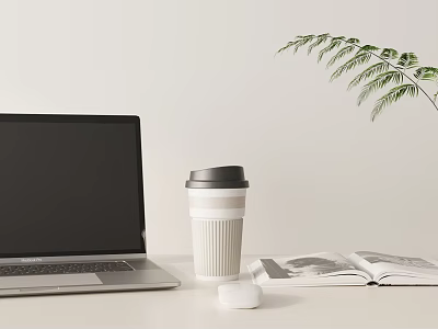 Open Laptop On Desk With Coffee Cup Magazine Mouse And Green Plant Leaf 3d model