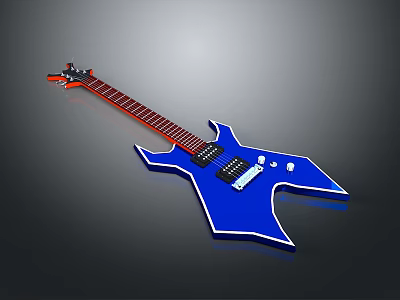 Blue Electric Guitar With Unique Sharp Shape And Red Black Neck For Daily Use 3d model