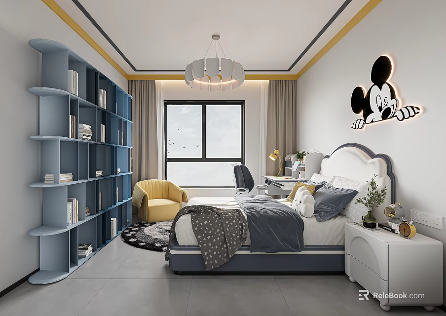 Kids Bedroom Interior With Blue Bookshelf Yellow Chair Mickey Mouse Decor And Study Desk 3d model 