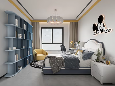 Kids Bedroom Interior With Blue Bookshelf Yellow Chair Mickey Mouse Decor And Study Desk 3d model