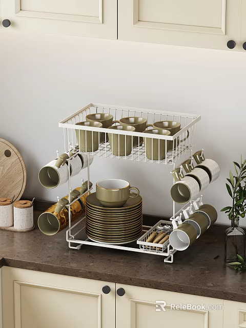 Stylish Ornament Decoration Set With White Metal Rack Green Cups Plates Tableware Plant Wooden Decor 3d model 