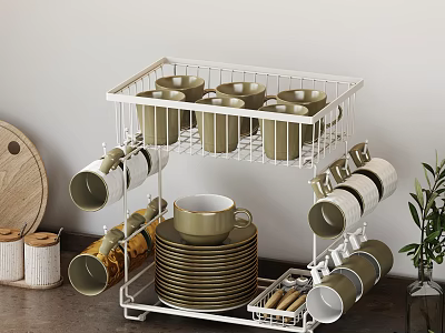 Stylish Ornament Decoration Set With White Metal Rack Green Cups Plates Tableware Plant Wooden Decor 3d model
