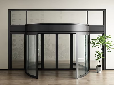 Modern Black Revolving Door With Glass Panels Wooden Floor And Potted Green Plant 3d model