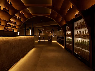 Modern Bar Interior With Arched Ceiling Warm Lighting And Wine Racks 3d model
