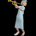 Woman Playing Trumpet In Light Blue Uniform Dress With Hat And Blonde Hair