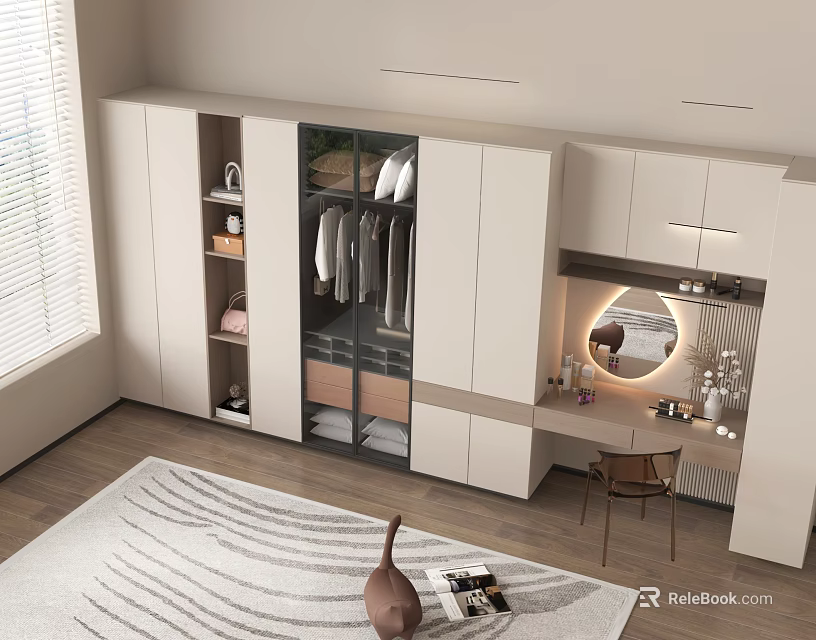 Modern Integrated Wardrobe With Glass Doors Storage Space And Dressing Table Mirror 3d model