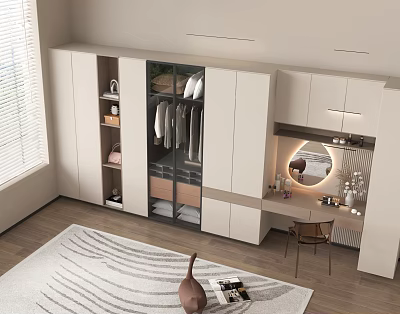 Modern Integrated Wardrobe With Glass Doors Storage Space And Dressing Table Mirror 3d model