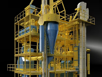 Industrial Processing Equipment Featuring Yellow Metal Frame Multi Layer Structure And Conical Component 3d model
