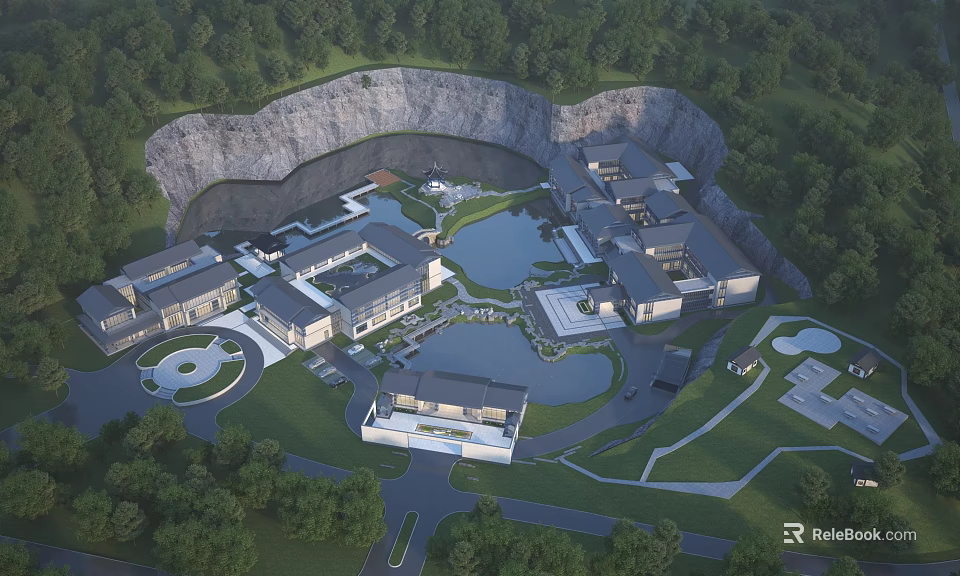 Ancient Architecture Complex Nestled in Mountain Valley With Lush Trees and Ponds 3d model 