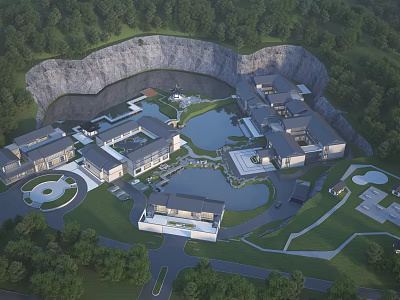 Ancient Architecture Complex Nestled in Mountain Valley With Lush Trees and Ponds 3d model