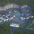 Ancient Architecture Complex Nestled in Mountain Valley With Lush Trees and Ponds
