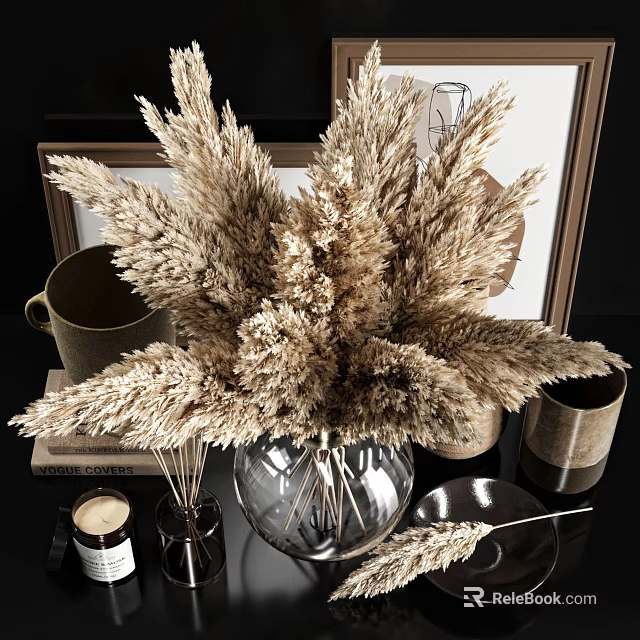 Elegant Decorative Ornament Set With Pampas Grass Bouquet Glass Vase Mug And Picture Frame 3d model 