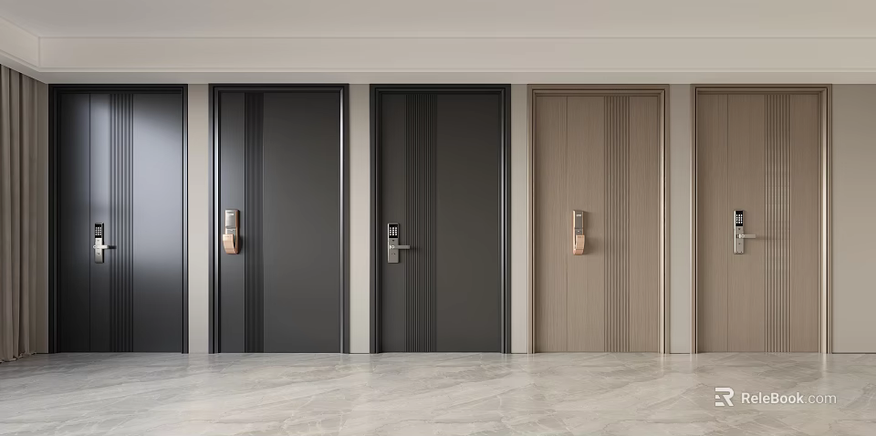 Modern Security Doors With Various Black And Wooden Designs And Secure Lock Features 3d model 