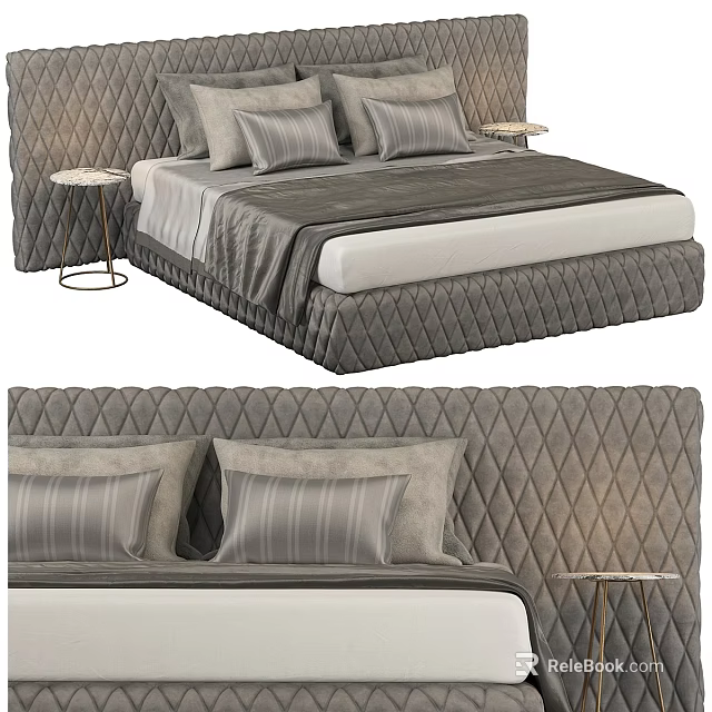 Luxurious Double Bed With Quilted Diamond Headboard And Gray Bedding Side Tables 3d model