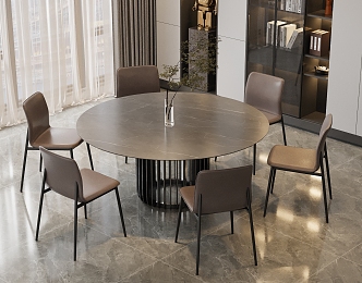 Modern Light Luxury Marble Dining Table and Chair Combination Round Rock Plate Dining Table Restaurant Leather Backrest Dining Chair Decorative Cabinet 3d model