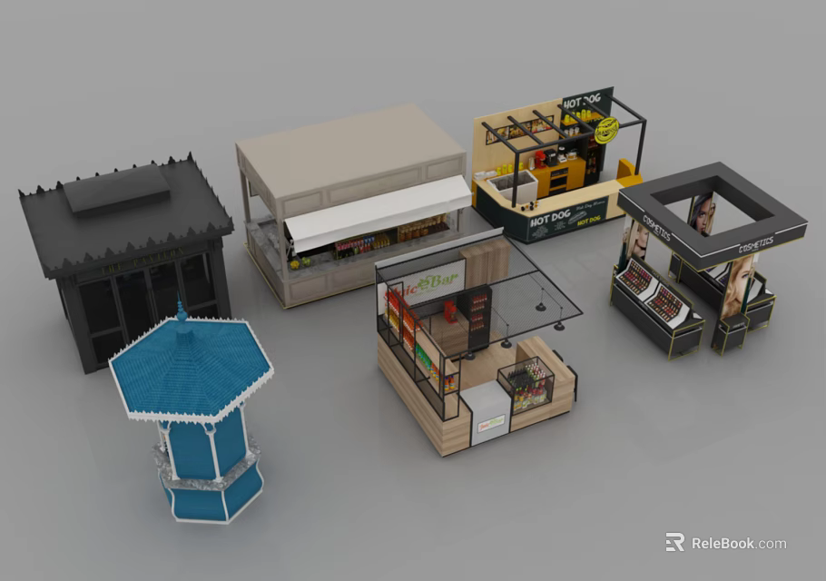 Various Small Kiosk Models With Different Vending Booth Designs And Retail Stands 3d model