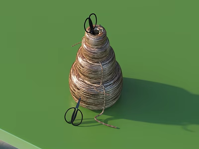 Brown Twisted Rope Spool With Black Scissors On Green Surface For Household Supplies 3d model