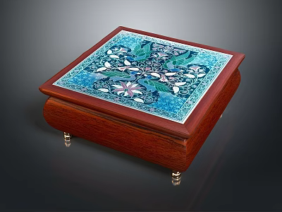 Square Wooden Coffee Table With Decorative Tile Top And Floral Pattern Design 3d model