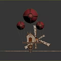 Decorative Model Featuring Red Balloons Windmill And Small House On White Base