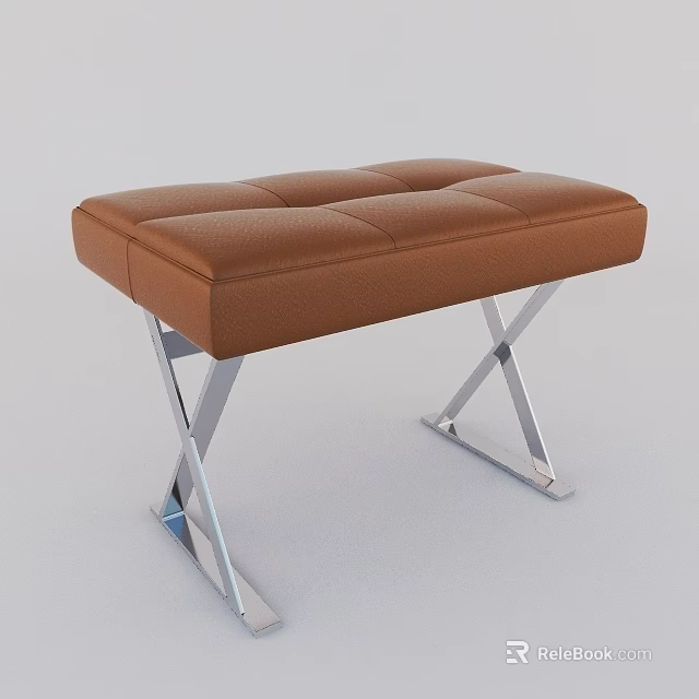 Modern Brown Leather Bench With Square Tufted Seat And X Shaped Metal Legs 3d model 