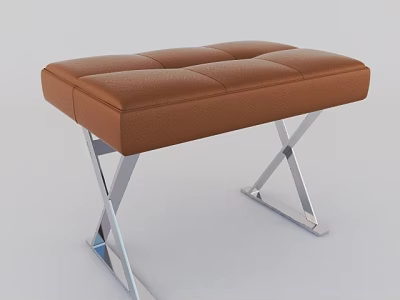 Modern Brown Leather Bench With Square Tufted Seat And X Shaped Metal Legs 3d model