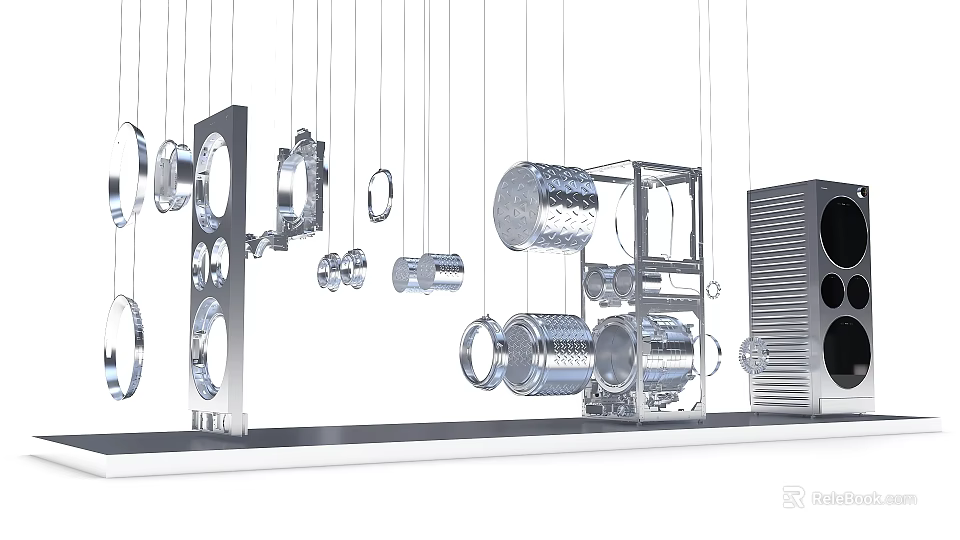 Modern Hanging Art Installation with Metal Circular Cylindrical Geometric and Mechanical Components 3d model 