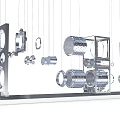 Modern Hanging Art Installation with Metal Circular Cylindrical Geometric and Mechanical Components