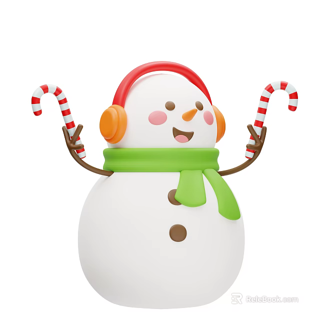 Cute Happy Snowman With Red Headphones Green Scarf And Candy Canes 3d model 