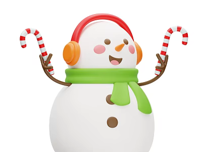 Cute Happy Snowman With Red Headphones Green Scarf And Candy Canes 3d model