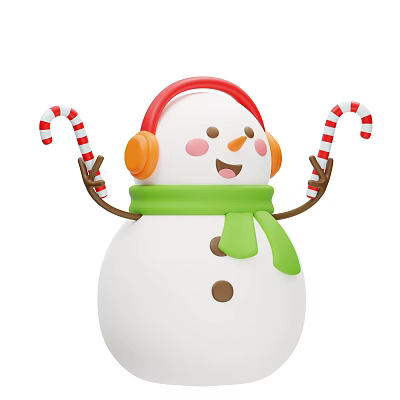 Cute Happy Snowman With Red Headphones Green Scarf And Candy Canes 3d model