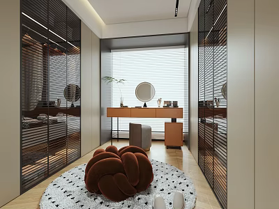 Elegant Modern Walk-in Closet Interior With Glass Doors Dressing Table Rug Mirrors And Natural Light 3d model