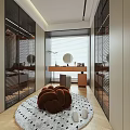 Elegant Modern Walk-in Closet Interior With Glass Doors Dressing Table Rug Mirrors And Natural Light