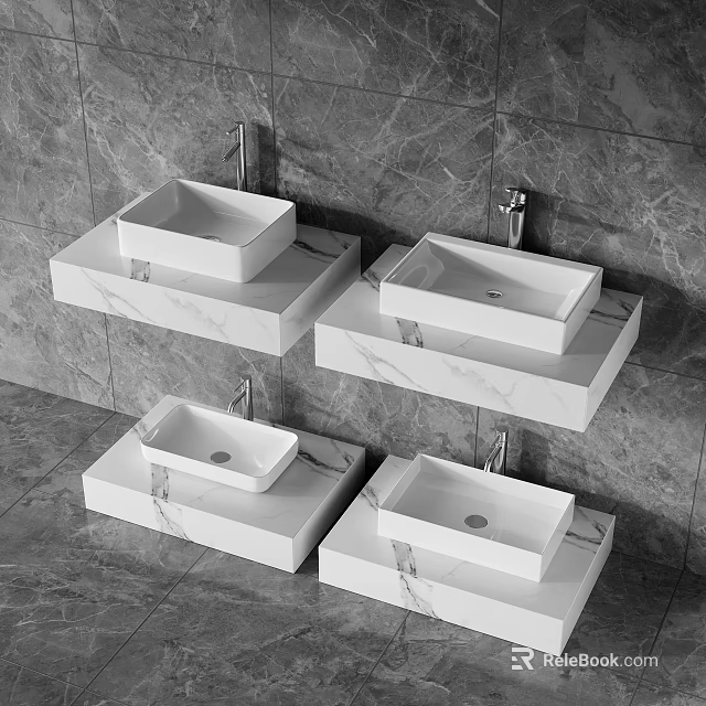 Sleek Modern White Washbasins on Wall Mounted Marble Countertops with Grey Tiles 3d model 