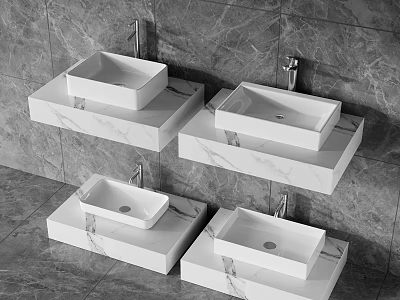Sleek Modern White Washbasins on Wall Mounted Marble Countertops with Grey Tiles 3d model