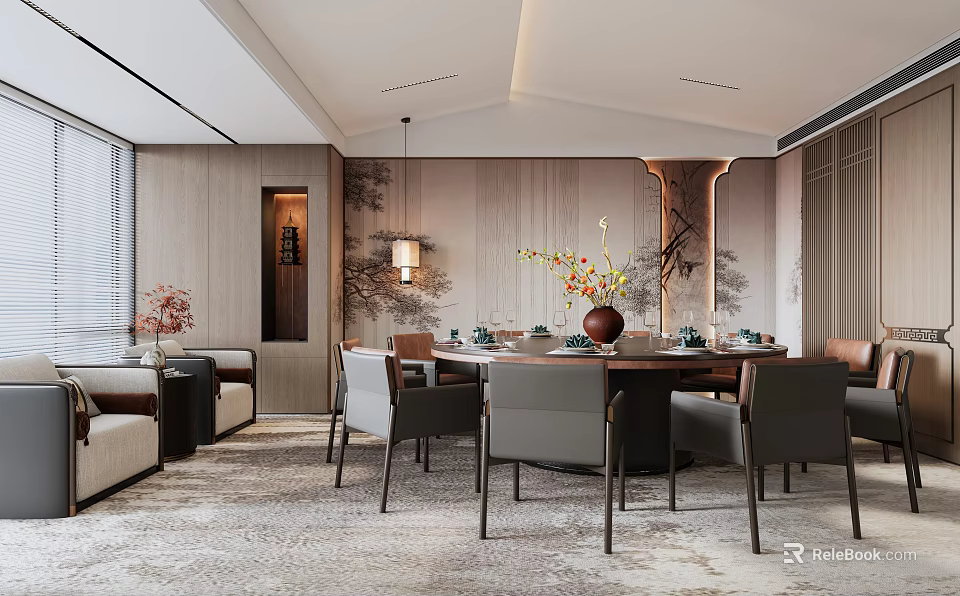 Chinese Style Private Dining Room Featuring Round Table Chairs Decorative Paintings Flower Vase and Lighting 3d model 