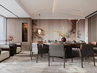Chinese Style Private Dining Room Featuring Round Table Chairs Decorative Paintings Flower Vase and Lighting 3d model