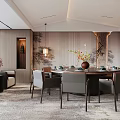Chinese Style Private Dining Room Featuring Round Table Chairs Decorative Paintings Flower Vase and Lighting