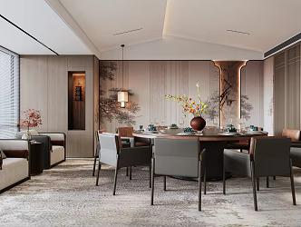 New Chinese Restaurant Room Round Dining Table and Chair Combination Leisure Sofa Zen New Chinese Style Light Luxury Background Wall 3d model