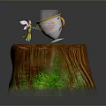 Elegant Teacup With Gold Rim And Bowknot Decoration On Wooden Stump Base