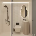 Modern Bathroom Interior Design With Glass Shower Partition Round Backlit Mirror And White Tiled Walls
