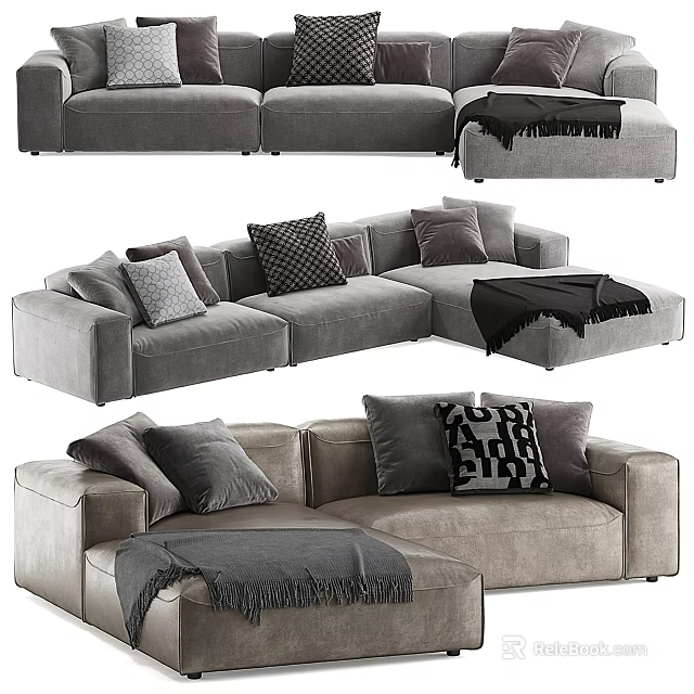 Gray Fabric Sectional Sofa With Multiple Pillows And Throw Blanket For Living Room 3d model