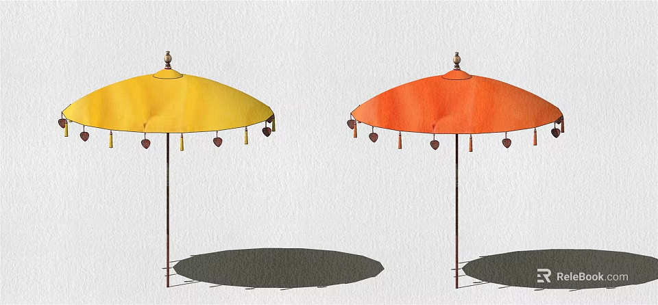 Yellow And Orange Outdoor Sunshades With Decorative Tassels And Metal Frames 3d model 